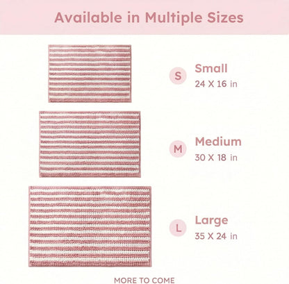 Chenille Bathroom Rug Non Slip Washable, Absorbent Bath Mat with Quick Dry Surface and Durable Hot Melt Adhesive Backing for Floor, Tub, Shower, Sink, Small (16" x 24"), Pink and White Pinstripe