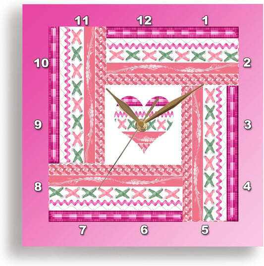 3dRose Wall Clock Silent - 10 inch - Heart of Trim in Frame of Trim, Pink, Green, Coral, and White - Heart Design