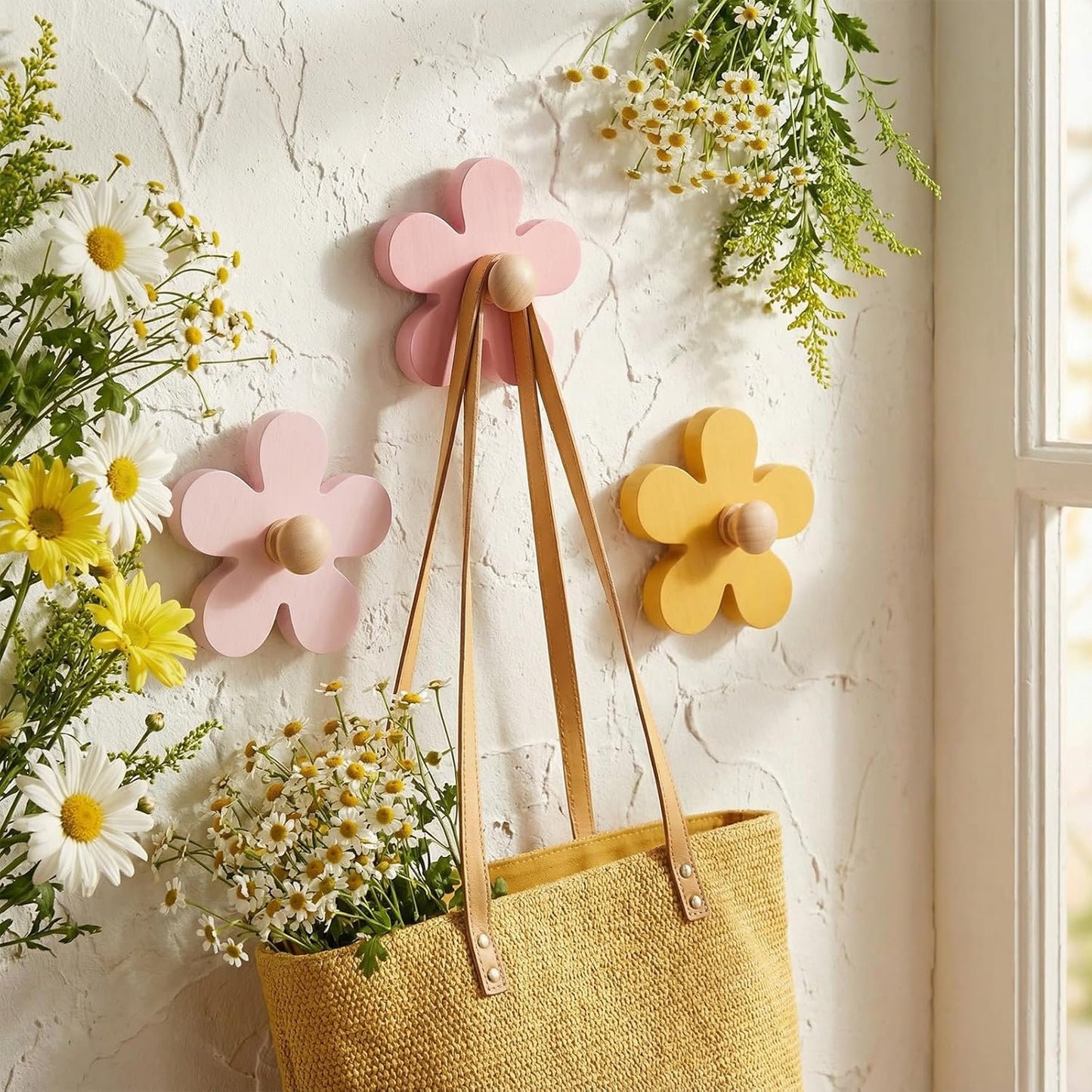 AceOrbit Pcs Daisy Wall Hooks Wood Flower Towel Hooks Cute Flower Decorative Wall Mount Hangers for Bathroom Kitchen Bedroom Home Entryway Decor (3,Yellow, Pink, Purple)
