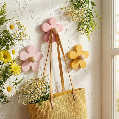 AceOrbit Pcs Daisy Wall Hooks Wood Flower Towel Hooks Cute Flower Decorative Wall Mount Hangers for Bathroom Kitchen Bedroom Home Entryway Decor (3,Yellow, Pink, Purple)
