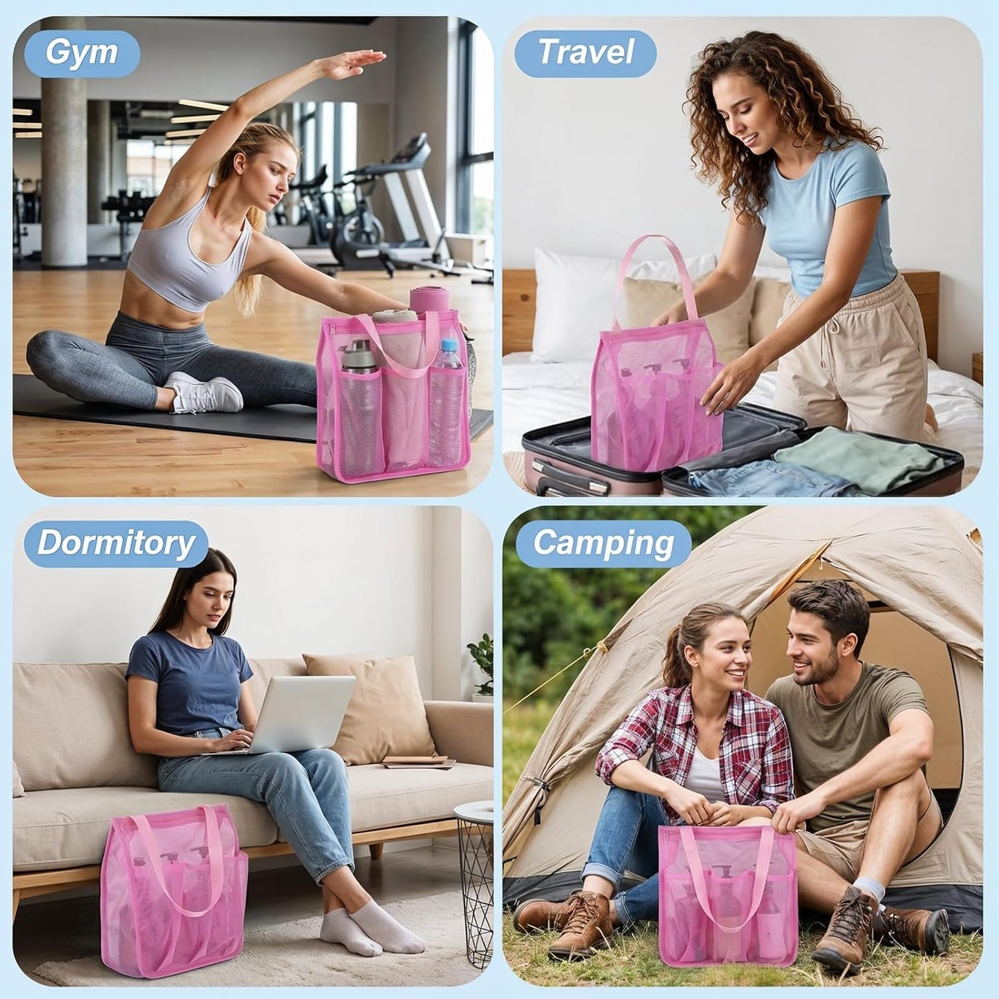 Small Shower Caddy, Portable Pink Mesh Shower Bag, Bathroom Showers Caddy for Gym, Travel, Toiletry, Camp, Swimming (11.8x10x3.5in)