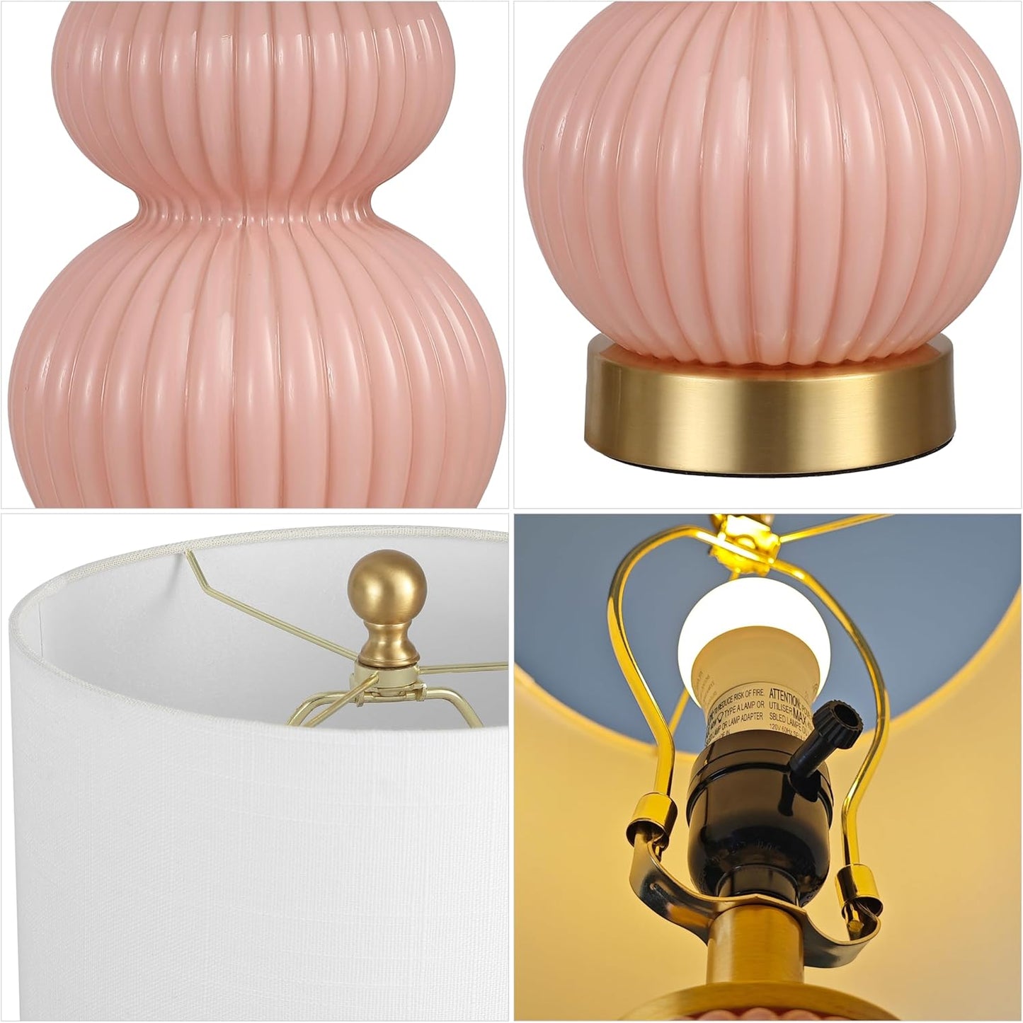 JONATHAN Y 20" Pink/Brass Gold Ribbed Gourd Glass Table Lamp, Modern Bedside Lamp for Bedroom Living Room, White Linen Drum Shade, LED Bulb Included (JYL1099B)