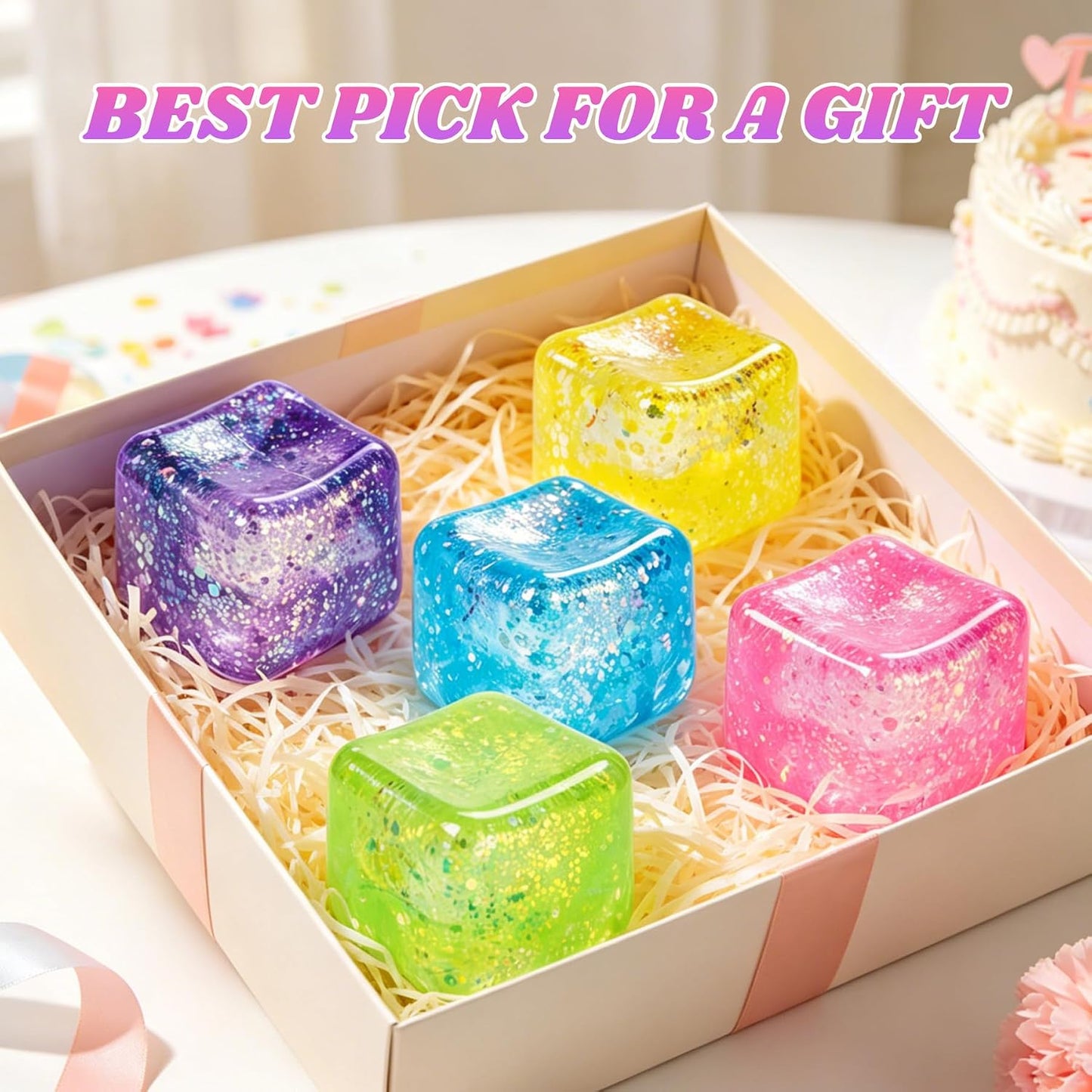 Squishy Cube Ice Cube Squishy Stress Cube for Adults,Glitter Squishy Slow Rising Fidget Cube Sensory for Anxiety Stress Relief High Density Ice Squeeze Ball Cubes (Pink)