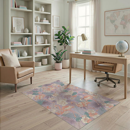 4'x6' Washable Contemporary Floral Area Rug, Peach Flatwoven Floor Mat for Home Office, Gaming Room, Under Desk, Non-Slip Chair-Friendly Carpet | Ref:2087254