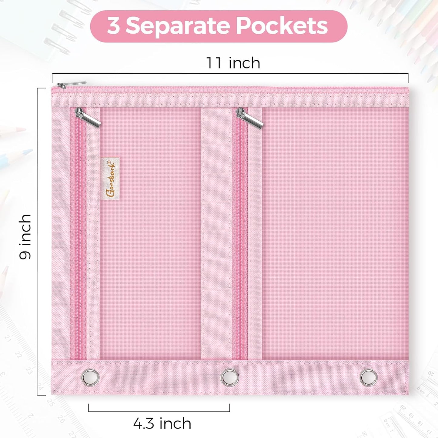 3-Ring Binder Pencil Pouch, Zipper Organizer with 3 Compartments, Mesh Window & Metal Grommets, Durable Oxford Pen Case for School Office Supplies Pink