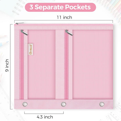 3-Ring Binder Pencil Pouch, Zipper Organizer with 3 Compartments, Mesh Window & Metal Grommets, Durable Oxford Pen Case for School Office Supplies Pink