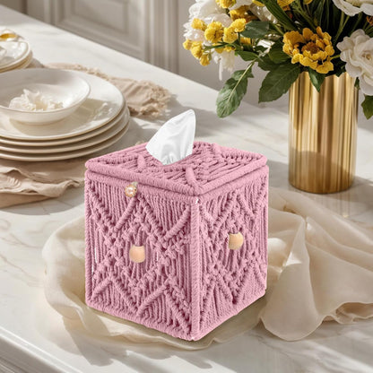 Handmade Tissue Box Cover Decorative Macrame Boho Square Tissue Holder Cotton Rope Woven Napkin Facial Paper Organizer Bohemian Desk Storage Container with Buckle Wood Beads (Pink)