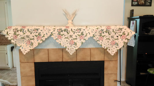 Fireplace Mantel Runner with Light Pink Cutwork Roses Size 84 x 27 inches Handmade