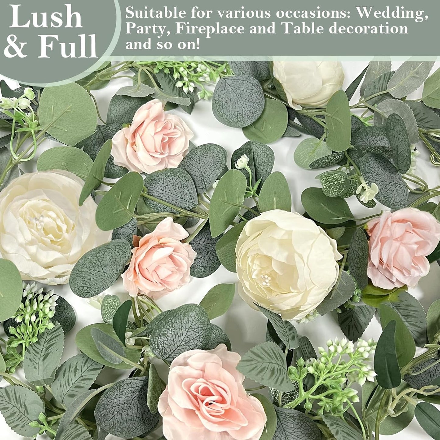 2 Pack 13Ft Artificial Eucalyptus Flower Garland with 16 White Peony Pink Rose, Baby Breath Fake Flowers Greenery Garland Floral Vine for Mantle Wedding Table Runner Centerpiece Backdrop Home Decor
