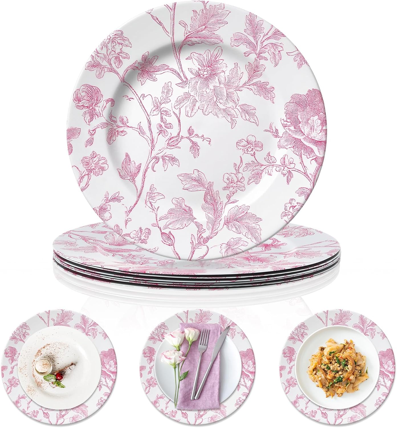 Yungyan 6 Pack 13inch Pink White French Toile Charger Plates Toile De Jouy Floral Leaf Plastic Pink Round Party Salad Charger Plates for Wedding Birthday Bridal Tea Summer Party Supplies