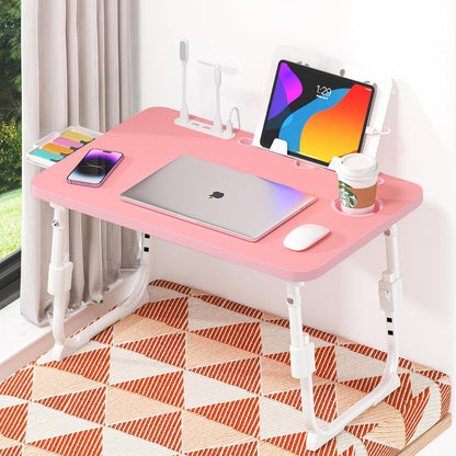 Lap Desk for Bed, Adjustable Laptop Desk with USB Charging Port, Storage Drawer & Bookshelf — Foldable Bed Desk for WFH & Students, 23.6" Desktop Fits 20" Laptop, Non-Slip, Pink
