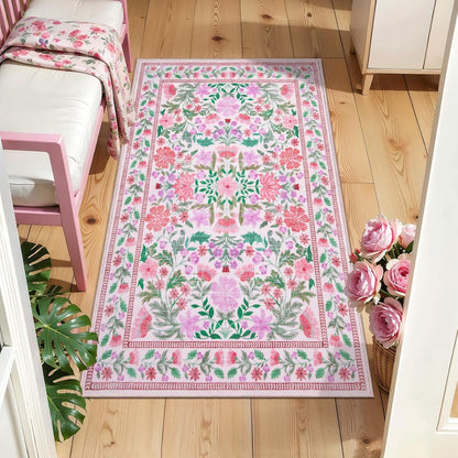 Ciicool 2x4 Small Rug for Entryway Runner Kitchen Washable Area Rugs Low Pile Soft Boho Non Slip Carpet for Entrance Hallway Laundry Bedroom Pink Floral Carpets