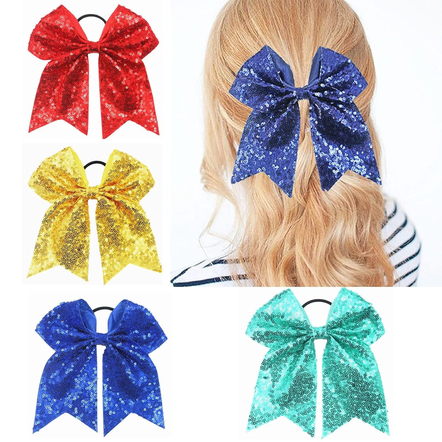 6.5 Inches Sequins Hair Bows Elastic Hair Tie Ribbon Large Cheer Bow Ponytail Holder Hair Band for Women Girls Kids Teens (Pink)
