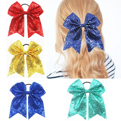 6.5 Inches Sequins Hair Bows Elastic Hair Tie Ribbon Large Cheer Bow Ponytail Holder Hair Band for Women Girls Kids Teens (Pink)