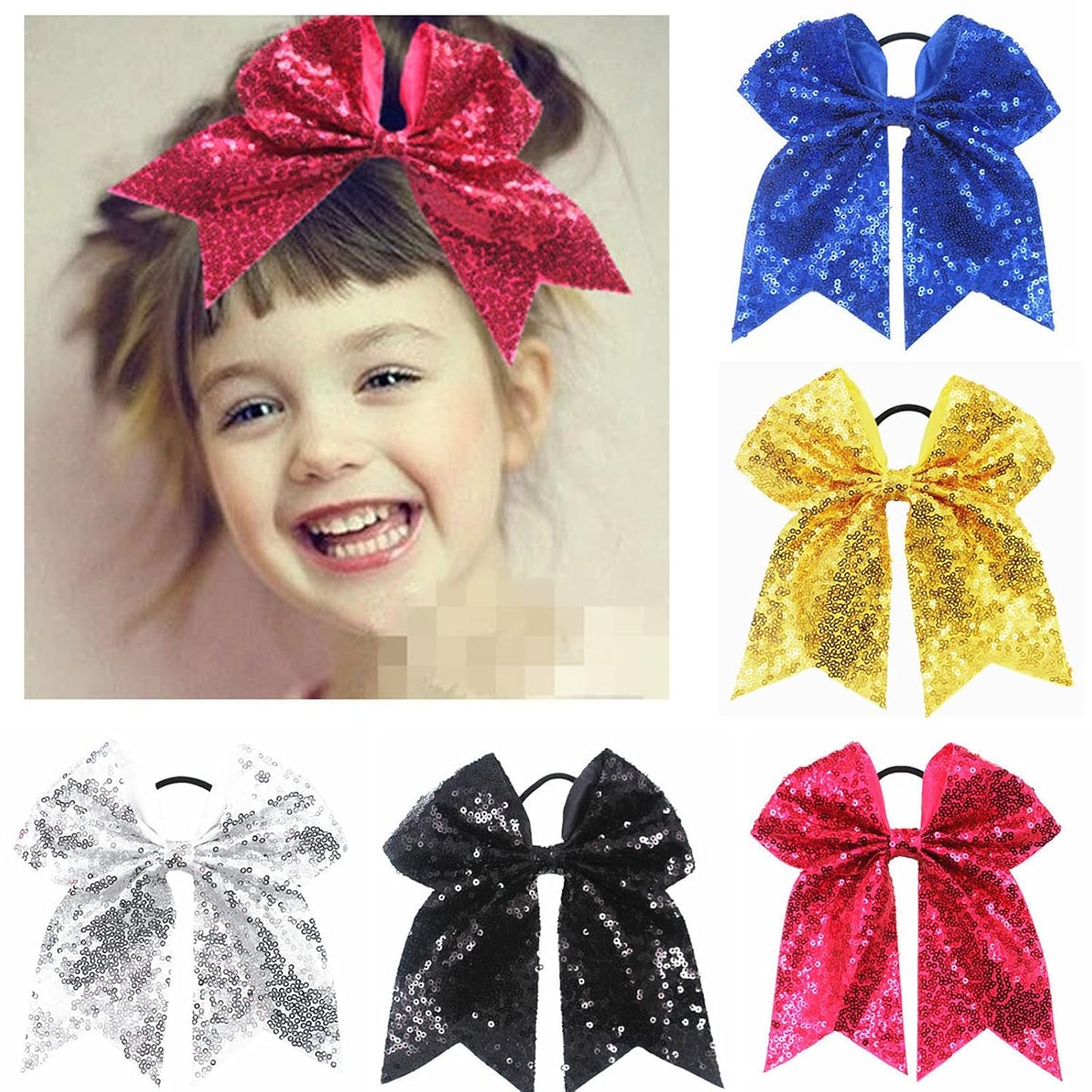 6.5 Inches Sequins Hair Bows Elastic Hair Tie Ribbon Large Cheer Bow Ponytail Holder Hair Band for Women Girls Kids Teens (Pink)