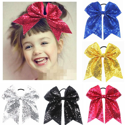 6.5 Inches Sequins Hair Bows Elastic Hair Tie Ribbon Large Cheer Bow Ponytail Holder Hair Band for Women Girls Kids Teens (Pink)
