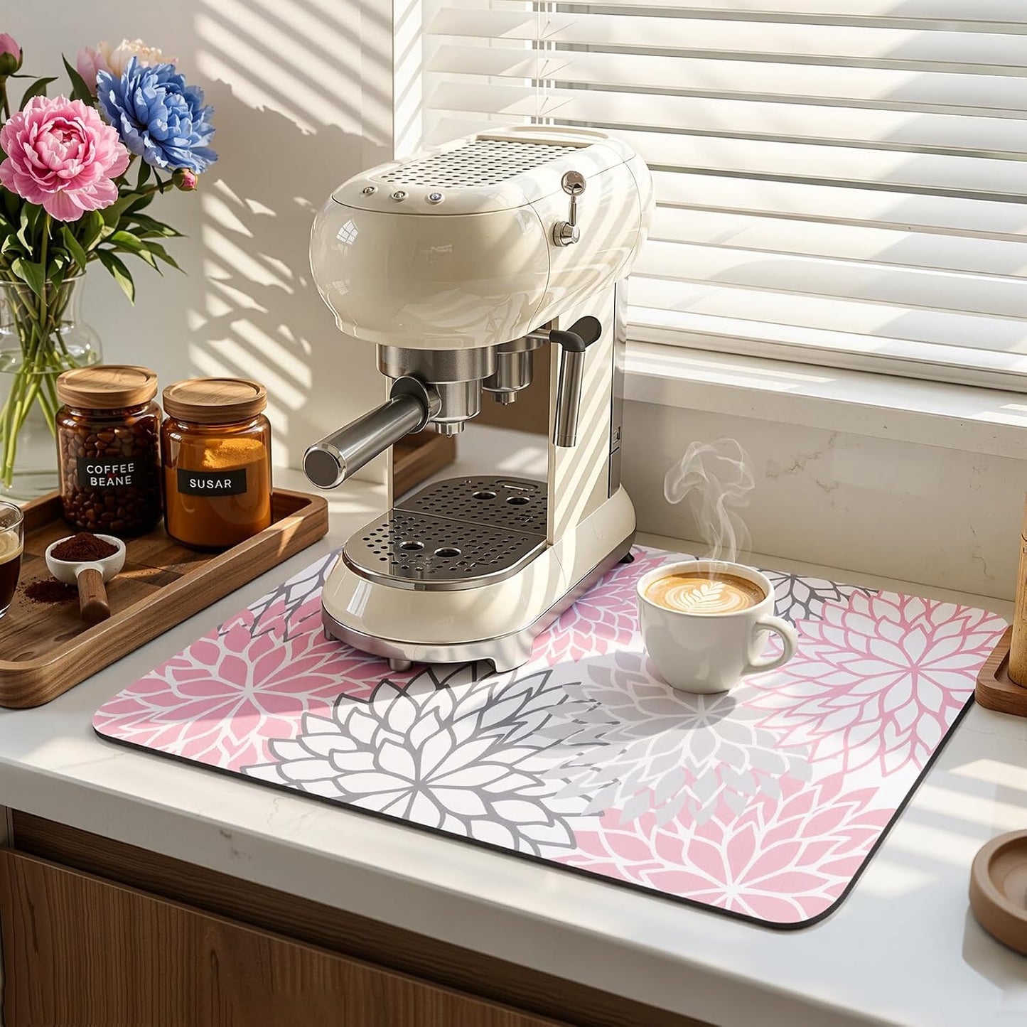 Findosom Dish Drying Mat, 12" x 20" Super Absorbent Dish Mat with Floral, Hide Stain Drying Mat for Kitchen Counter, Under Dish Rack, Coffee Maker, Espresso Machine, Pink