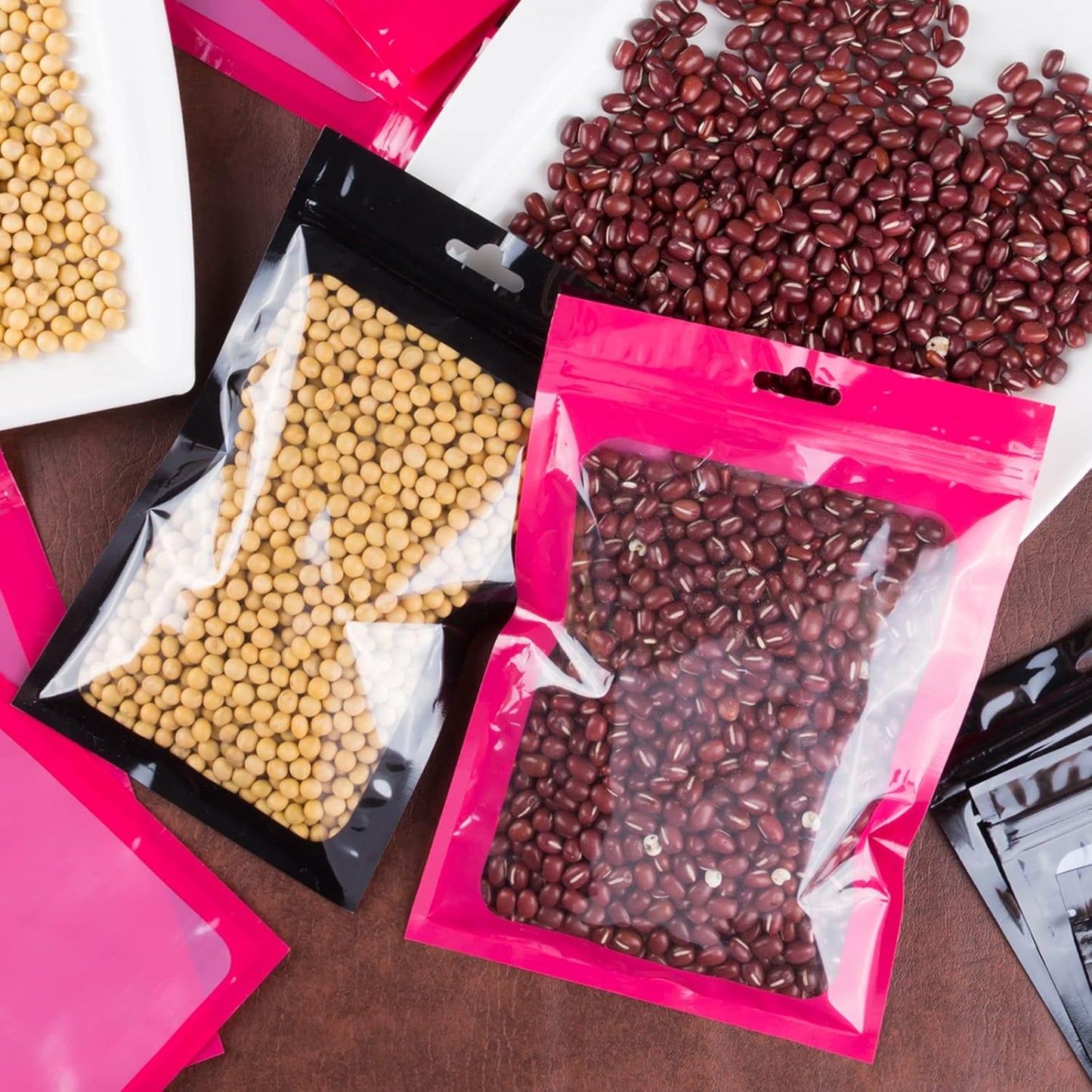 100 Pieces Resealable Mylar Bags with Clear Window - 3.5x4.7 Inches Smell Proof Bag Coffee Beans Packaging Pouch for Food Self Sealing Storage Supplies Jewelry Electronics Party, Pink