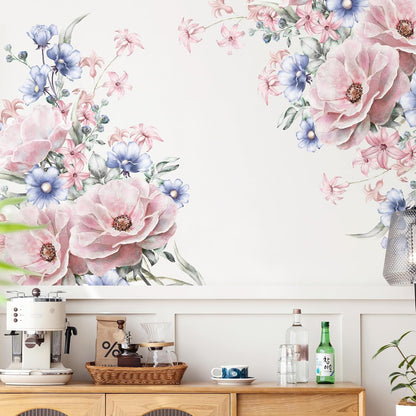 Pink Blue Flowers Wall Decals Large Removable Floral Leaves Wall Stickers Peel and Stick Delicate Blossom Art Applique for Bedroom Living Room Sofa Background Wall Decor