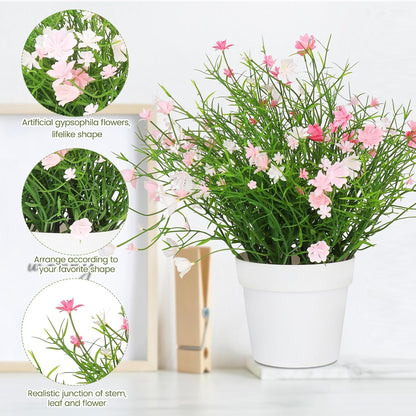 Artificial Babys Breath Potted Fake Plants with Flowers Faux Plants Indoor for Home Office Bookshelf Table Room Decor, Pink (Pack of 2)