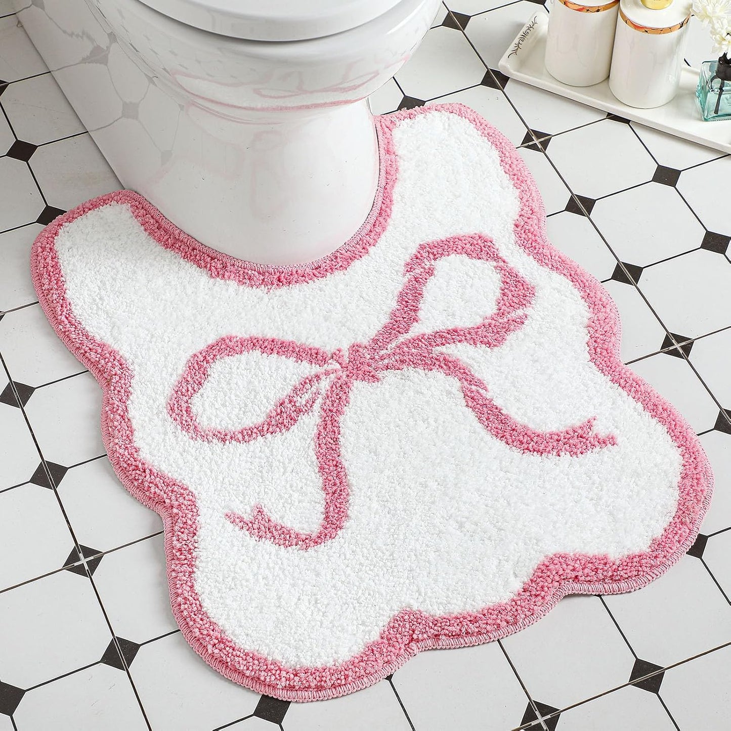 HunnmingRe Bow Toilet Rug U-Shaped Luxury Scalloped Bathroom Mat Non Slip Cute Microfiber Soft Plush Bath Rugs Pastel Bathroom Decor Coquette Stuff for Toilet Base(Pink,24 x 20 Inches)