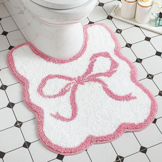 HunnmingRe Bow Toilet Rug U-Shaped Luxury Scalloped Bathroom Mat Non Slip Cute Microfiber Soft Plush Bath Rugs Pastel Bathroom Decor Coquette Stuff for Toilet Base(Pink,24 x 20 Inches)