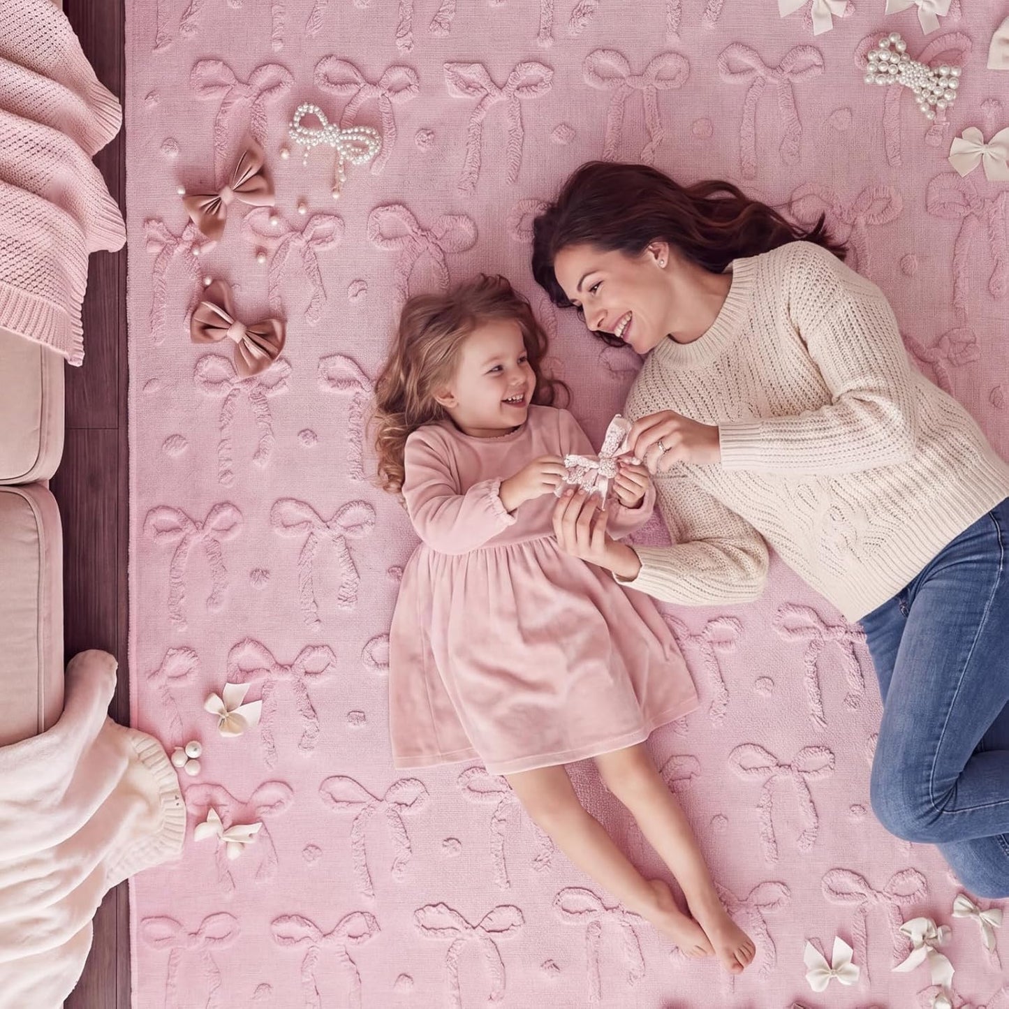 Pink Bow Area Rugs 4 x 6 ft Cute Sweet Throw Rugs Pink Plush Faux Fur Aesthetic Soft Bedroom Carpet for Living Room Dining Playroom Nursery Family Indoor Dorm