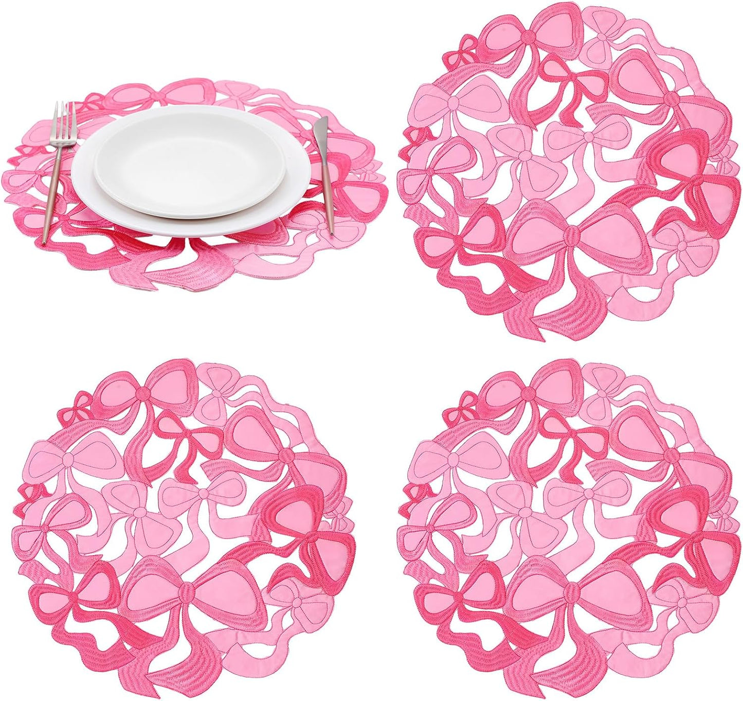 4 Pcs Pink Bow Placemats Coquette Embroidered Place Mats Pink Cotton Decorative Table Mats for Home Wedding Baby Shower Birthday Party Decor(Round Hollow)