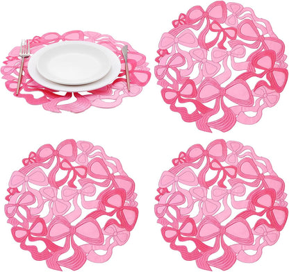 4 Pcs Pink Bow Placemats Coquette Embroidered Place Mats Pink Cotton Decorative Table Mats for Home Wedding Baby Shower Birthday Party Decor(Round Hollow)