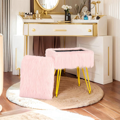 Vanity Stool Chair with Storage, Soft Ottoman Seat Vanity Chair with Anti-Slip Feet, Fluffy Padded Seat Multifunctional Footrest Side Table with 4 Metal Legs for Makeup, Bedroom, Dorm, Pink
