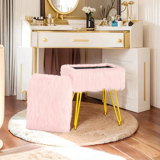 Vanity Stool Chair with Storage, Soft Ottoman Seat Vanity Chair with Anti-Slip Feet, Fluffy Padded Seat Multifunctional Footrest Side Table with 4 Metal Legs for Makeup, Bedroom, Dorm, Pink
