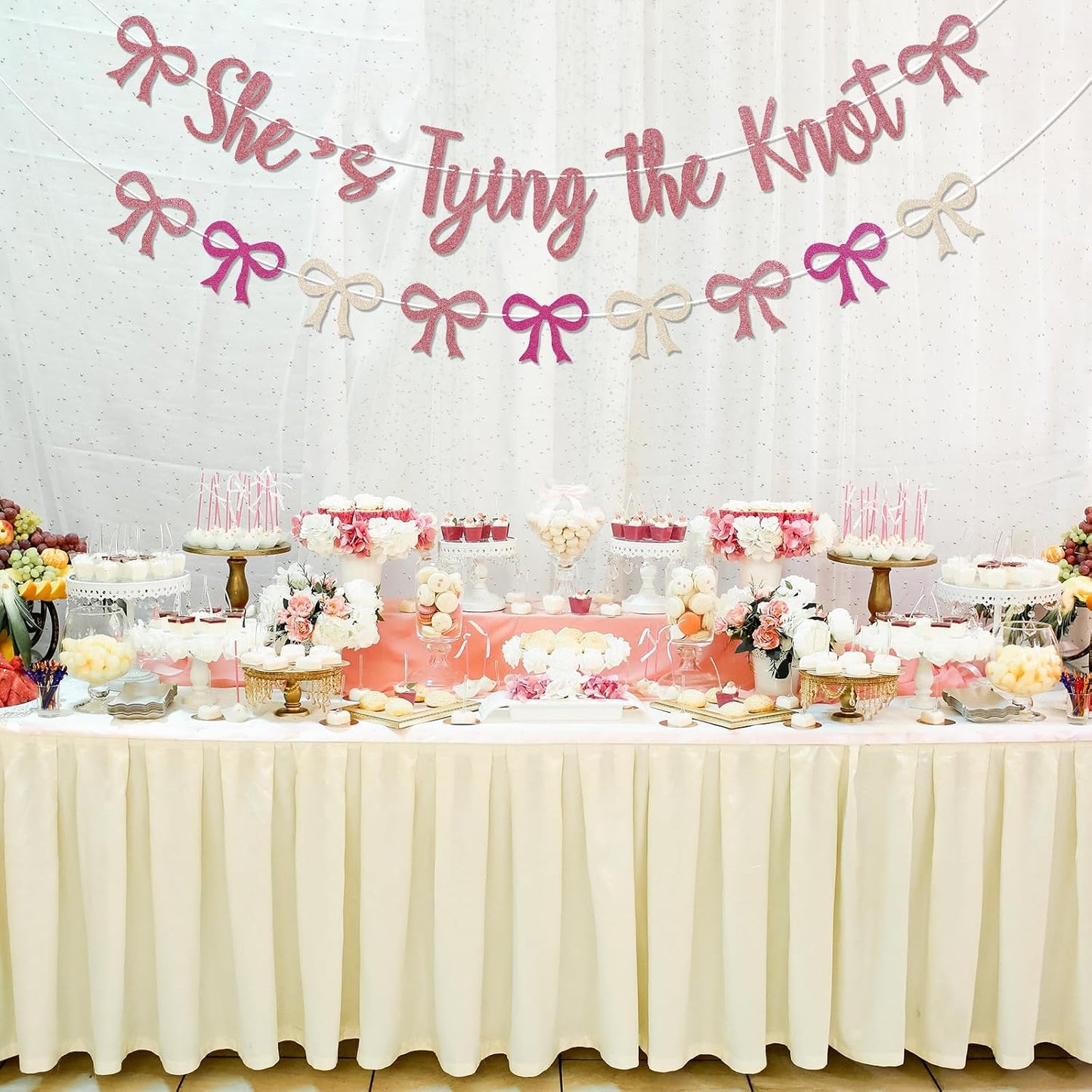 Coquette She's Tying The Knot Banner & Pink Bow Bunting Garland - Bow Bridal Shower Banner, Coquette Bridal Shower Engagement Wedding Party Decorations Rose Gold