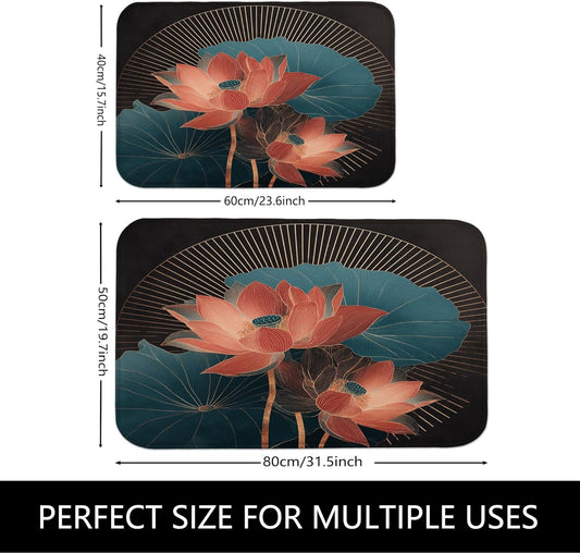 Water Lily Floral Quick Dry Bath Mat, Elegant Peach Flowers Leaves Absorbent Non Slip Shower Mat, Modern Flannel Washable Bath Rugs for Bathroom Toilet Restroom Decorative 20x32 Inch