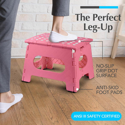 Handy Laundry Folding Step Stool for Adults & Kids, 9 Inch Sturdy Plastic Step Stool Foldable with Handle, Non-Slip, 300 lb Capacity, Lightweight & Compact for Kitchen, Bathroom, Bedroom, Pink
