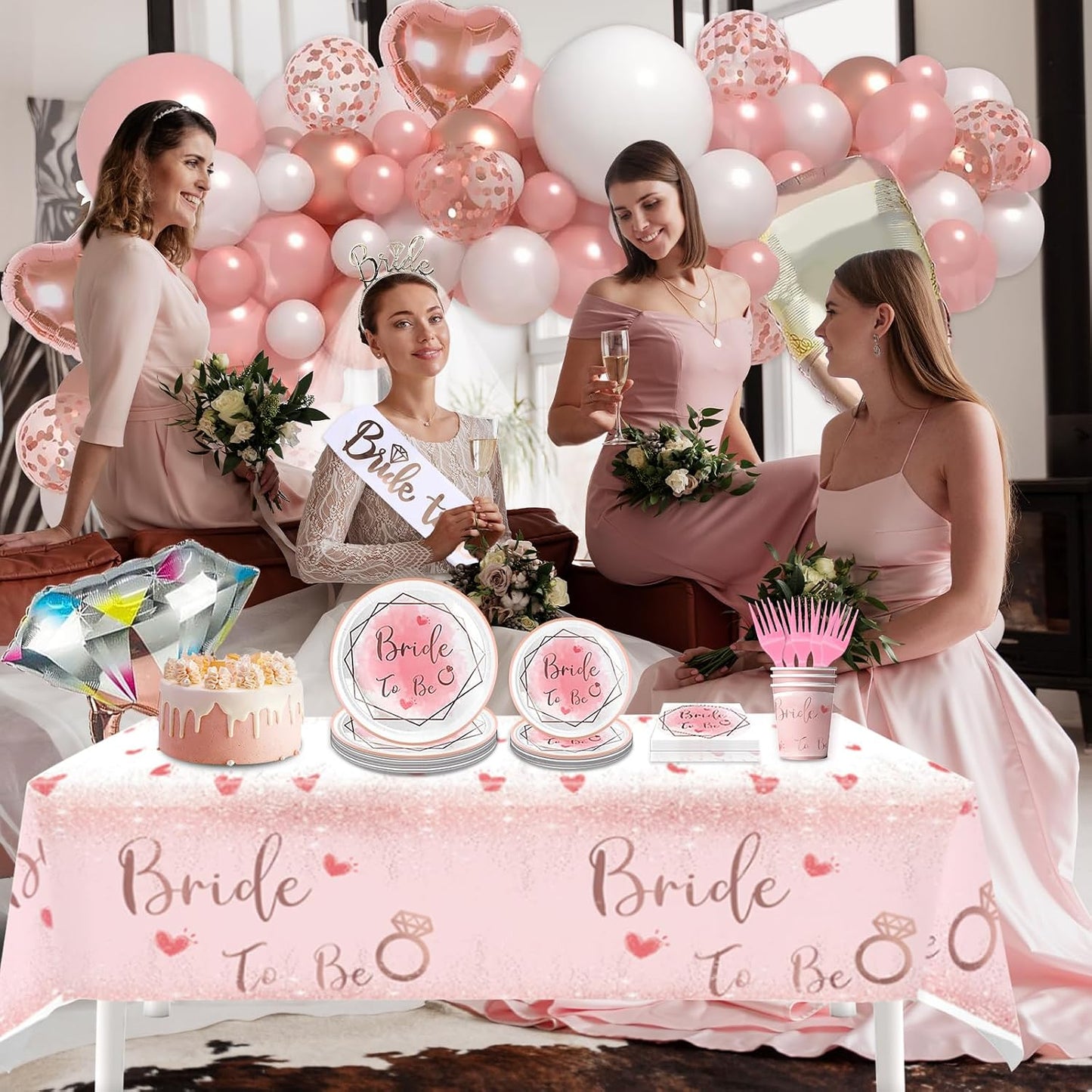 180Pcs Bachelorette Party Decorations,Pink Rose Gold Decor,Bridal Shower Party Supplies Balloon Arch,Bride To Be Party Favors Tableware Set Plates Fork Cups Napkins Tablecloth,Sash,Vail,Tiara