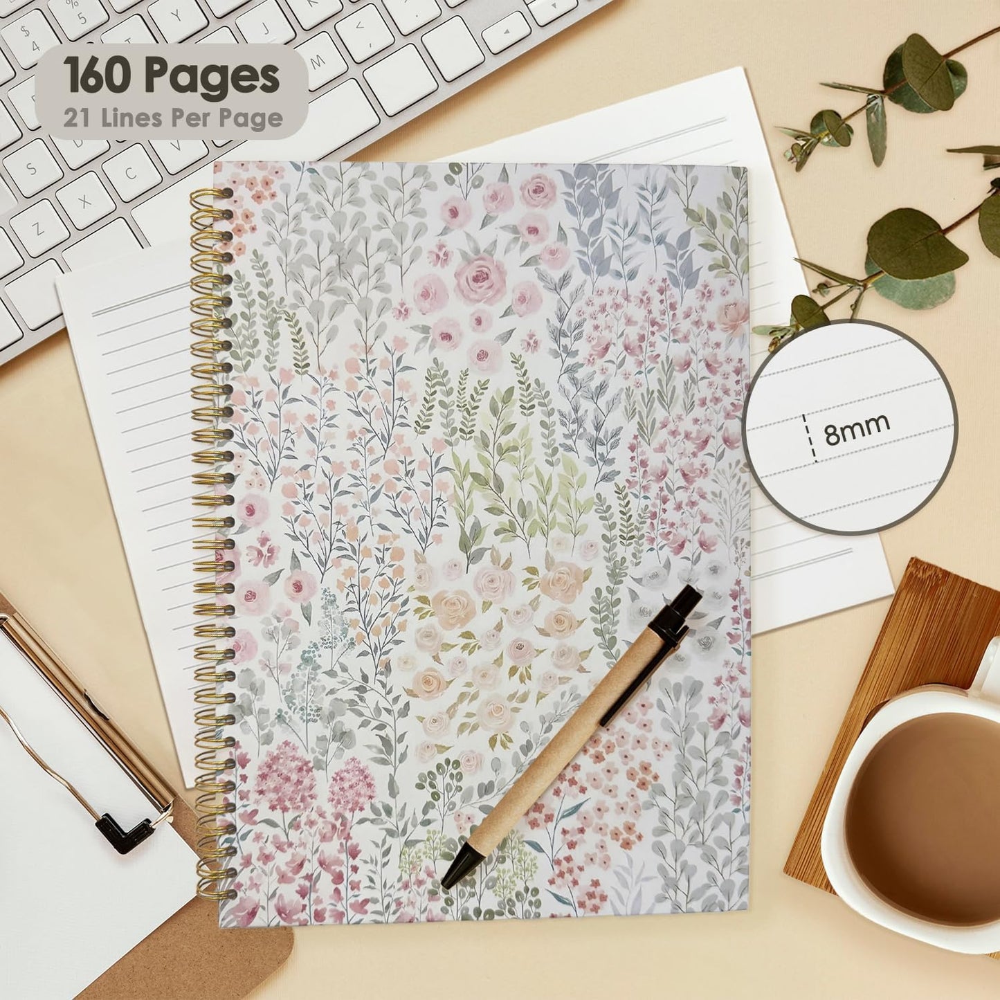 Cute Spiral Notebook Journal for Women, Floral Pastel Pretty A4 Hardcover Spiral Notebook for Women School Aesthetic Pink Journal for Teen Girls - A4 8.5"x11" [Hardcover-spiral]