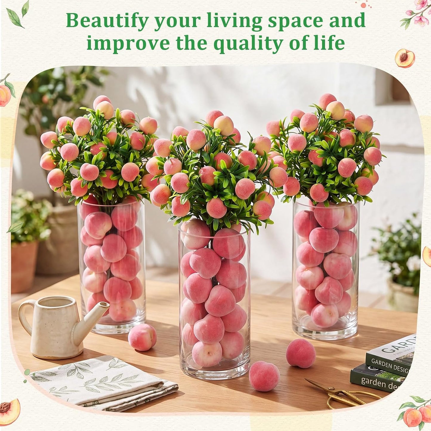 3 Set Artificial Peach Decor with 3 Glass Vase 6 Artificial Peach Branches and 60 Peaches, Plastic Plant Stem Ornament for Home Indoor Office Table Centerpieces Desk Decoration