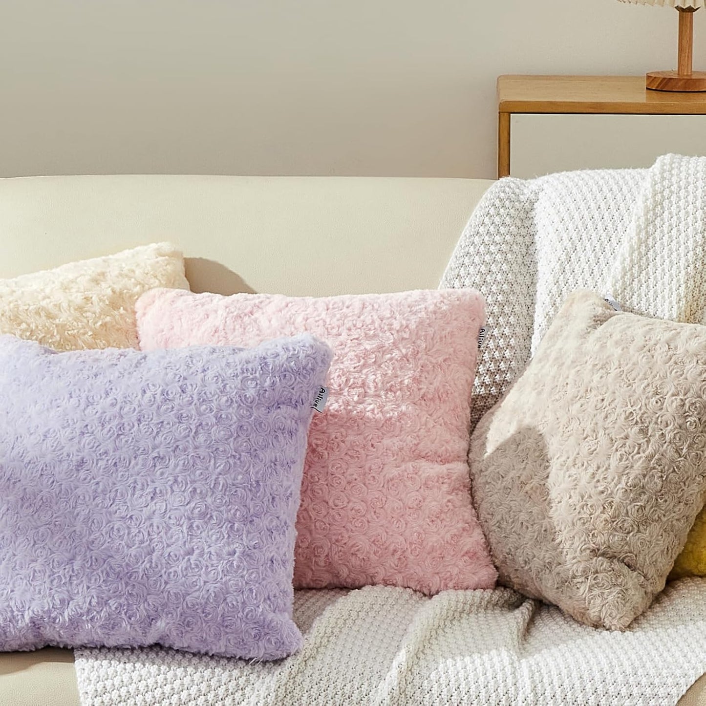 18 x 18 Pink Pillow Covers Couch Pillow Cases for Living Room Bed Room Faux Rabbit Fur with Rose Pattern Square Light Pink Cushion Covers for Bed Couch Sofa Chairs