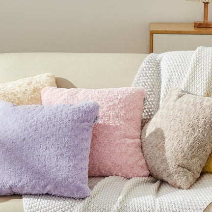 18 x 18 Pink Pillow Covers Couch Pillow Cases for Living Room Bed Room Faux Rabbit Fur with Rose Pattern Square Light Pink Cushion Covers for Bed Couch Sofa Chairs