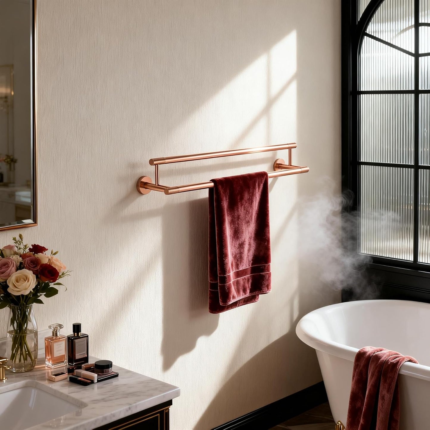 Double Towel Bar 24 Inch, Rose Gold SUS304 Stainless Steel Towel Racks for Bathroom - Wall Mounted Bathroom Towel Holder Quick Drying Hand Towel Bar for Walls