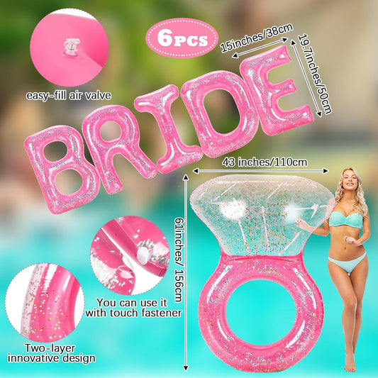 Sumind Bride Bachelorette Pool Floats 61 Inch Large Diamond Ring Float and 5 Inflatable Glitter Bride Party Pink Engagement Ring Floatie Stagette Decor Gift for Swim Tube Beach Shower Wedding Outdoor