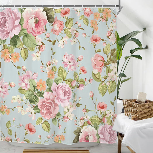 Riyidecor Pink Floral Fabric Shower Curtain for Bathroom 72Wx72H Inch Rose Floral Blooming Green Leaves for Girl Women Bathtub Accessories Decor Rustic Waterproof Fabric Bathroom 12 Pack Hooks WW-NDHC