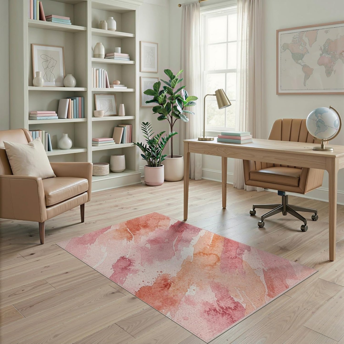 4'x6' Washable Watercolor Abstract Area Rug, Peach Flatwoven Floor Mat Non-Slip Chair-Friendly Carpet for Home Office, Gaming Room, Under Desk | Ref:2165436