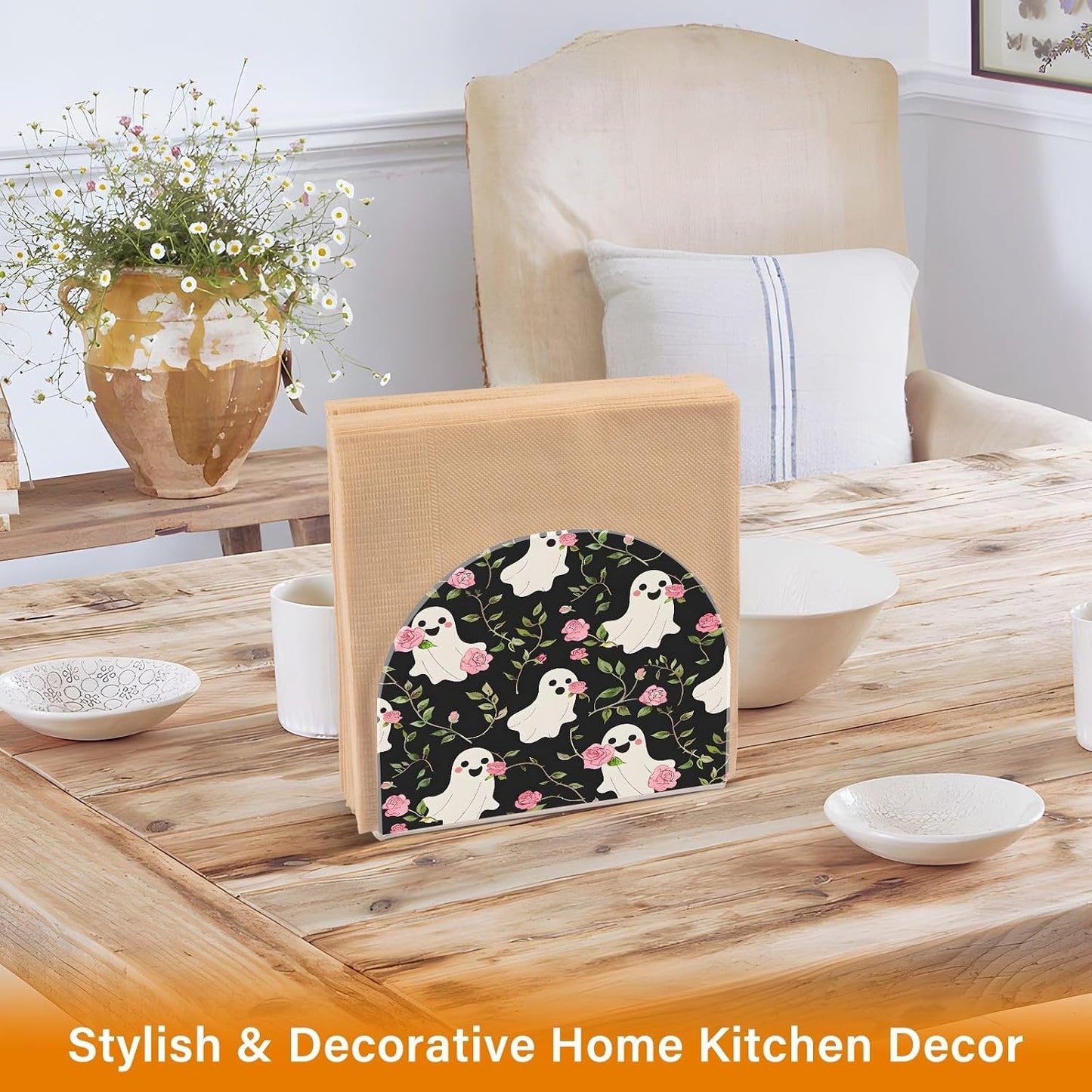 Ghost Pink Rose Pattern Napkin Holder for Table Kitchen Decor Acrylic Paper Napkin Holders for Tissue Dining Room Indoor Outdoor Party Holiday Accessories