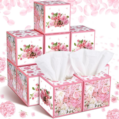 Fourluoo 12 Pack Summer Rose Floral Facial Tissues Cube Boxes 600 Sheets 3 Ply Pink Small Square Flower Face Tissues Bulk for Summer Car Bedroom Supplies