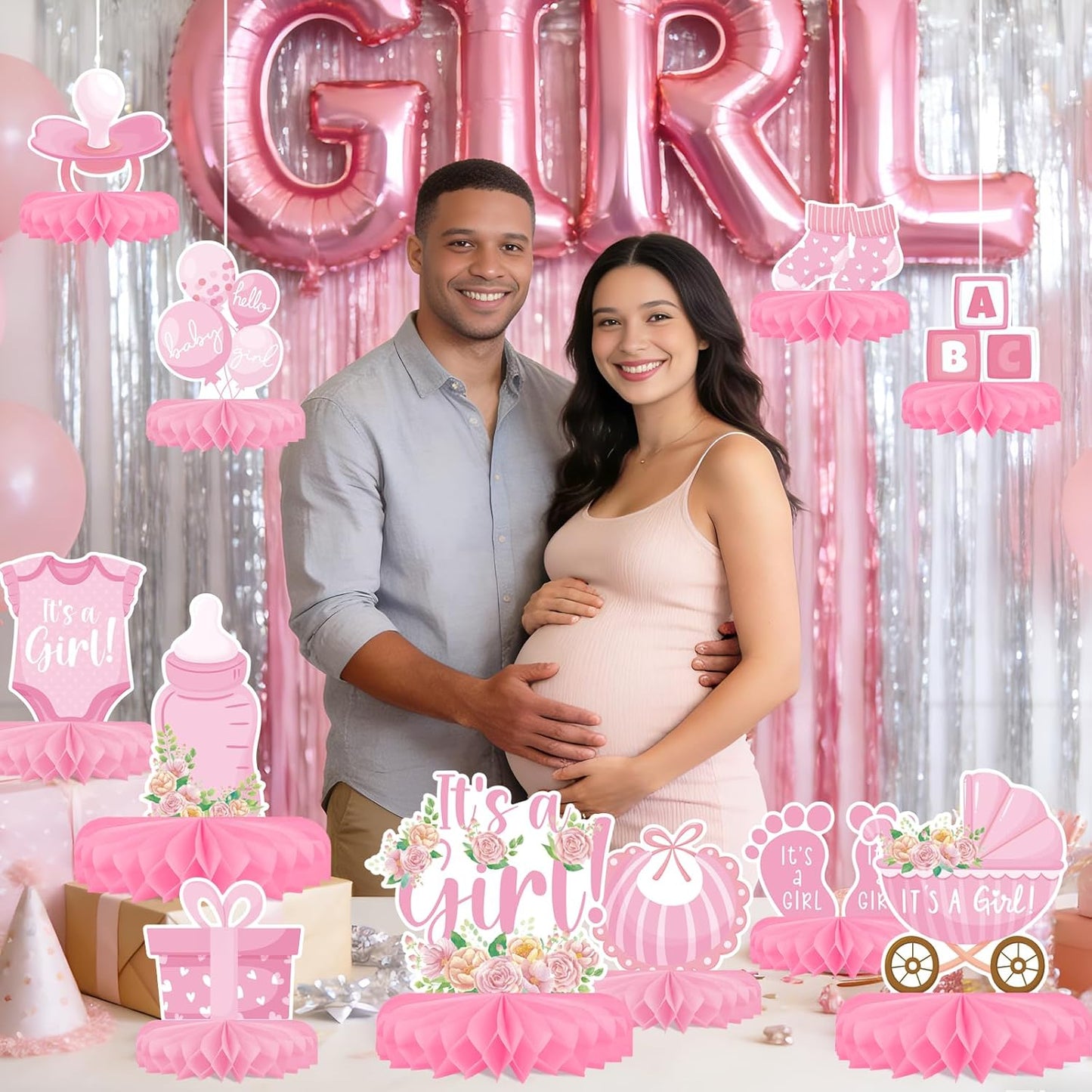 Girl Baby Shower Decorations Set - Kit with Pink Honeycomb Centerpiece, Baby Reveal & Themed Table Decor for the Baby Girl Shower Decorations