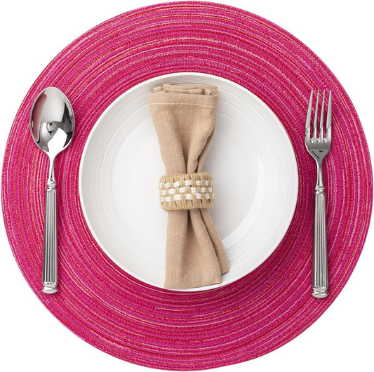 Round Placemats Set of 6 Woven Placemats Washable Braided Table Mats for Dining Table Heat Resistant Non-Slip Circle Place Mats(Pink)