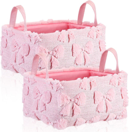 2 Pcs Pink Bow Storage Baskets 14x10'' Back to School Gift Baskets Foldable Fluffy Laundry Storage Bin with Handle Coquette Closet Organizer for Preppy Dormitory Countertop Tabletop Shelf