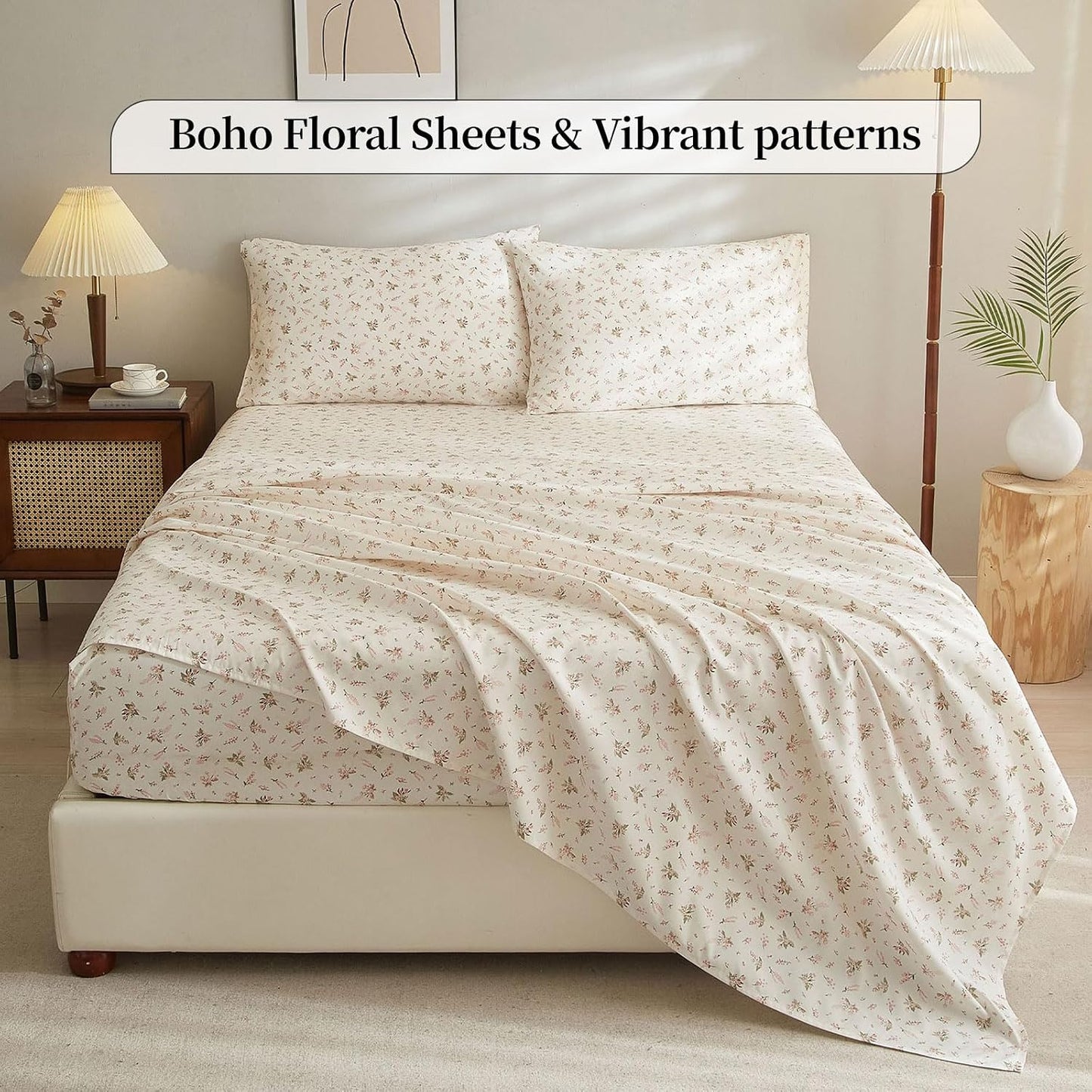 HighBuy Pink Floral Sheet Full Size Bed Sheets Set White - 4 Piece Extra Deep Pocket Full Pink Floral Bed Sheets - Cooling Soft Sheet & Pillowcase Sets Full Size,Floral Bed Sheet Set