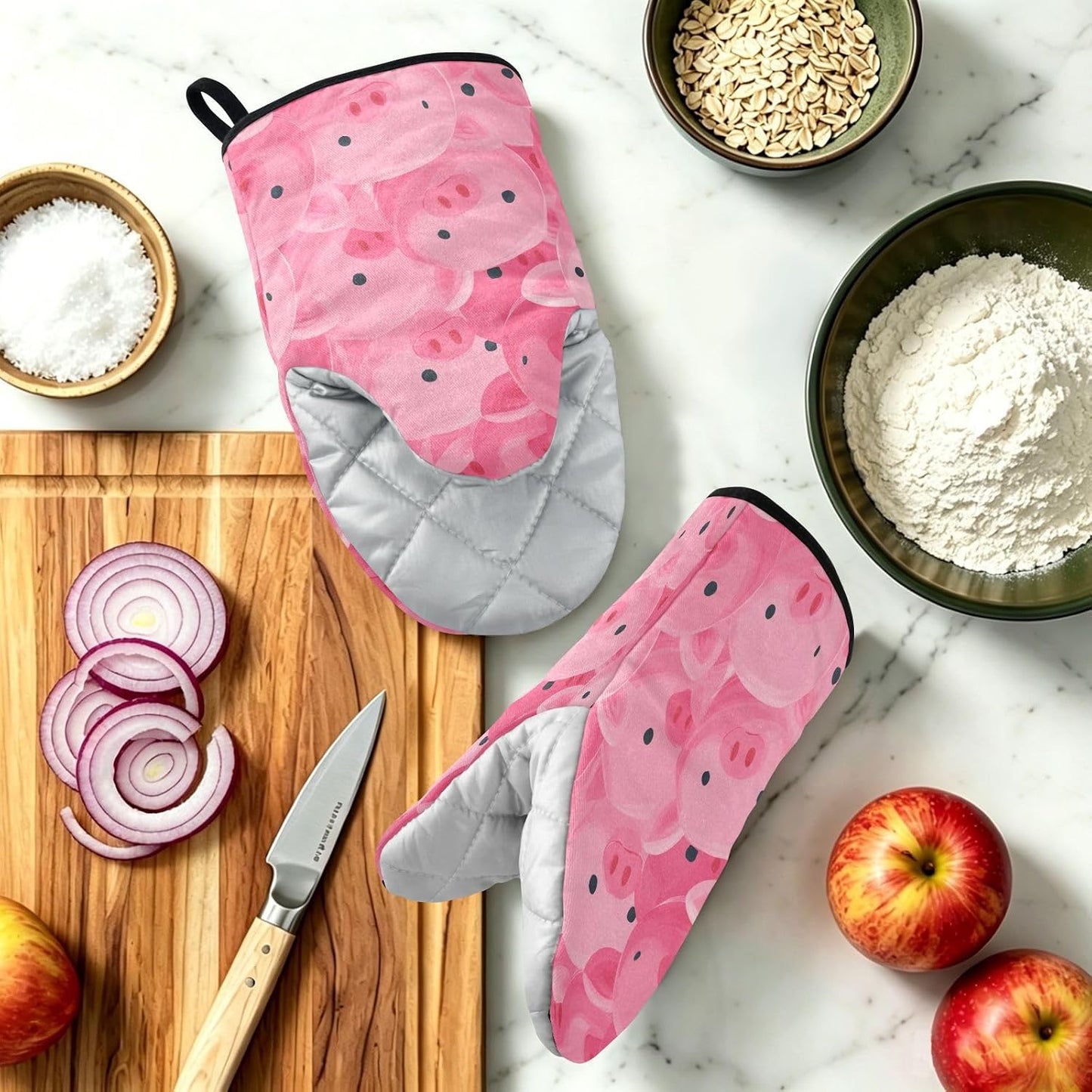 Oven Mitt 2 Pack Set Pigs Pink Pattern Kitchen Mitts Gloves for for Cooking Baking Grilling